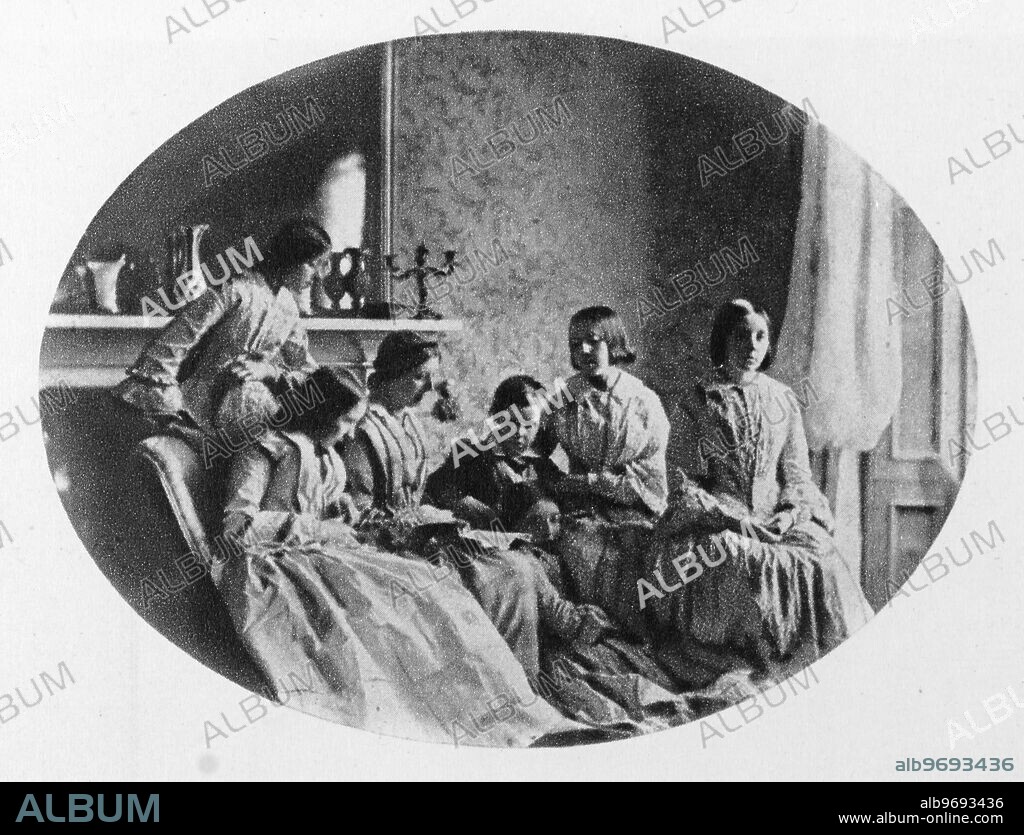 Misses Dodgson and Edwin Dodgson. Six of Lewis Carroll's sisters and his youngest brother in the drawing-room at Croft Rectory. photographed by Lewis Carroll.