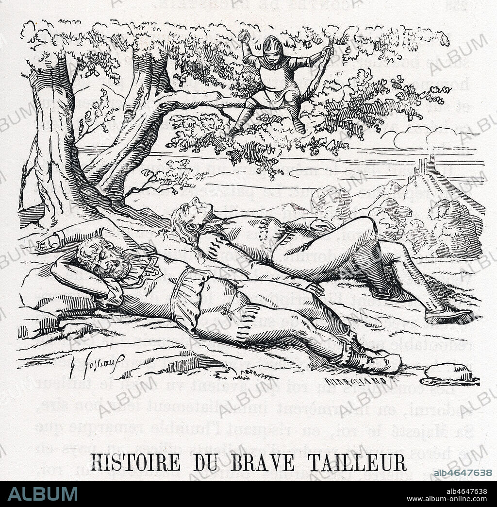 Le petit tailleur au dessus des geants. Illustration de 1869 par Histoire du brave tailleur'. Illustration de 1869 par Gabriel GOSTIAUX (1838-1910) pour Contes allemands du temps passe. Credit : Collection Kharbine Tapabor.