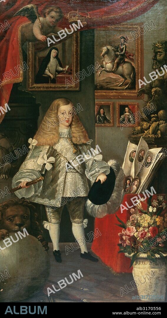 CARLOS II "el Hechizado" (Madrid, 1661-Madrid, 1700). Rey de España desde 1665. Su reinado estuvo marcado por una serie de pérdidas exteriores y por numerosos conflictos internos. "CARLOS II Y LA CASA DE AUSTRIA". Anónimo del siglo XVII. Museo Lázaro Galdiano. Madrid. España.
