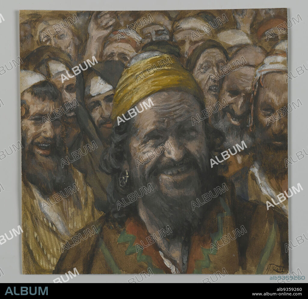 Barabbas, The Life of Our Lord Jesus Christ, La Vie de Notre-Seigneur Jésus-Christ, James Tissot, French, 1836-1902, Opaque watercolor over graphite on gray wove paper, France, 1886-1894, Image: 3 3/4 x 3 3/4 in., 9.5 x 9.5 cm, art, barbe, beard, boucle d'oreille, crowd, earring, European, hat, men, portrait, religious, religious art, Roman, smile, thief, Tissot, watercolor, yellow.
