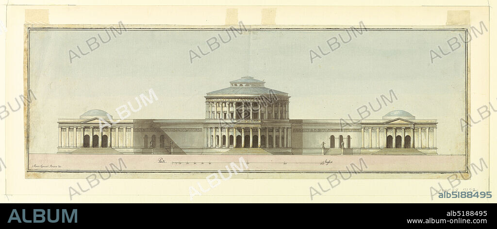 First Designs for Ickworth House, Suffolk, England, Mario Asprucci The Younger, Italian, 1764 1804, Pen and black ink, brush and watercolor, white gouache, graphite on paper, Front elevation of a two-story circular building with engaged columns and with an open loggia below, approached by a flight of stairs. At either side, connected by wings, are domed, one-story pavilions with colonnades. Indication of scale in pen and black ink in Piedi Inglesi, Italy, ca. 1800, architecture, Drawing, Drawing.