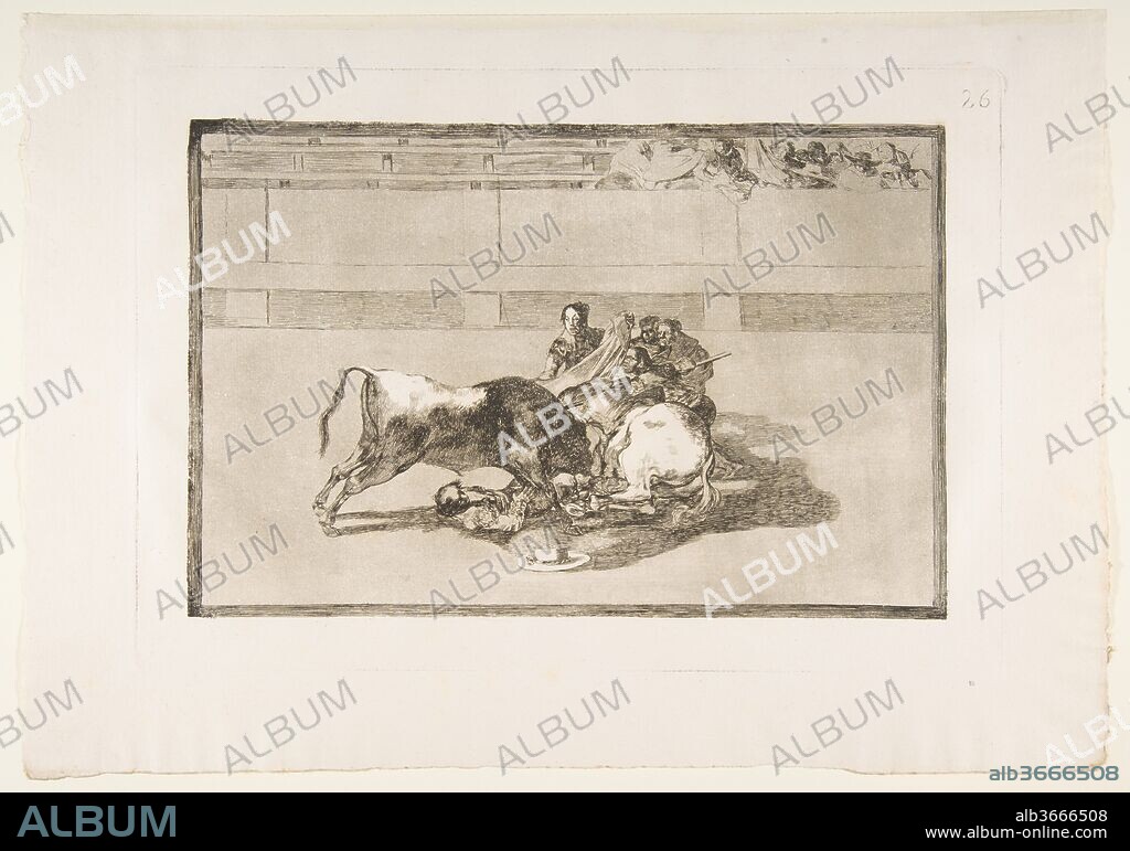 Plate 26 from the 'Tauromaquia':A picador is unhorsed and falls under the bull. Artist: Goya (Francisco de Goya y Lucientes) (Spanish, Fuendetodos 1746-1828 Bordeaux). Dimensions: Plate: 9 5/8 × 13 3/4 in. (24.5 × 35 cm)
Sheet: 12 1/16 × 17 1/4 in. (30.7 × 43.8 cm). Date: 1816.