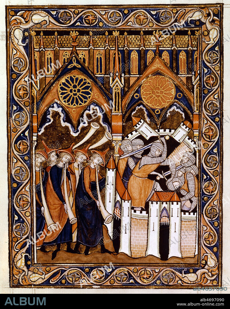 Les Trompettes de Jericho premiere ville conquise par Josue et les Hebreux au pays de Canaan - sept pretres sonnant sept chofars (trompettes) et les murs de la ville de Jericho s'ecroulerent. Miniature tiree du Psautier de St Louis, datant du 13eme s. (13e, XIIIe, XIIIeme s.) Credit : Collection NB/KHARBINE-TAPABOR.