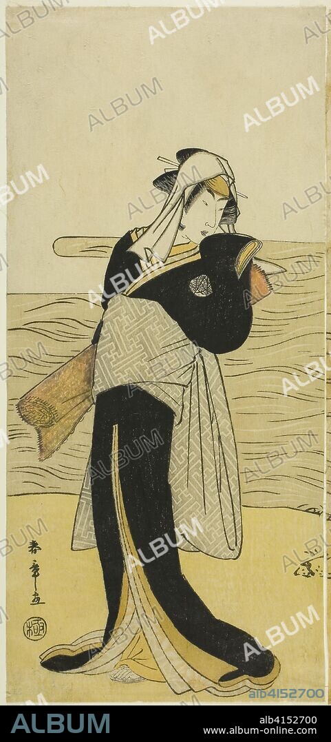 The Actor Nakamura Riko I as Hanako, the Daughter of Koshiba Kamon, Disguised as a Yotaka (Low-class Prostitute), in the Play Kotobuki Banzei Soga, Performed at the Ichimura Theater in the Fifth Month, 1783. Katsukawa Shunsho ?? ??; Japanese, 1726-1792. Date: 1778-1788. Dimensions: 31.6 x 14.5 cm (12 7/16 x 5 11/16 in.). Color woodblock print; hosoban; left or center sheet of triptych. Origin: Japan.