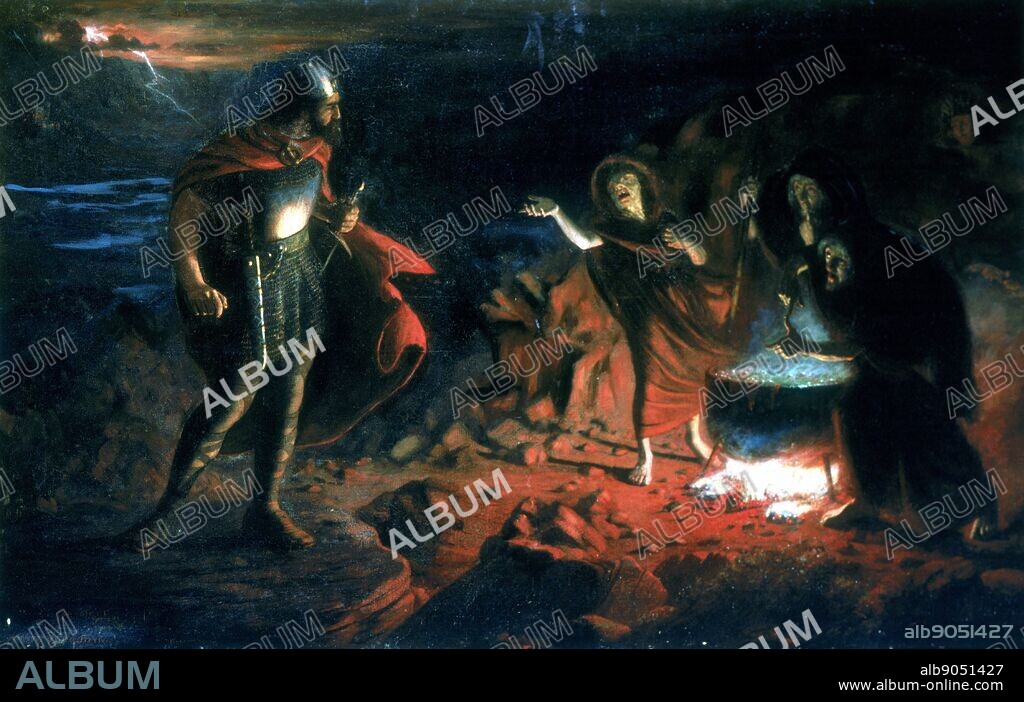 Macbeth and the Witches' by Henry Daniel Chadwick (active mid-19th century), English painter. Macbeth meeting the old hags as they cast a spell over their boiling cauldron saying 'Bubble, bubble toil and trouble'. Scene in Shakespeare's play first performed in c1606. Oil on canvas. Private collection.