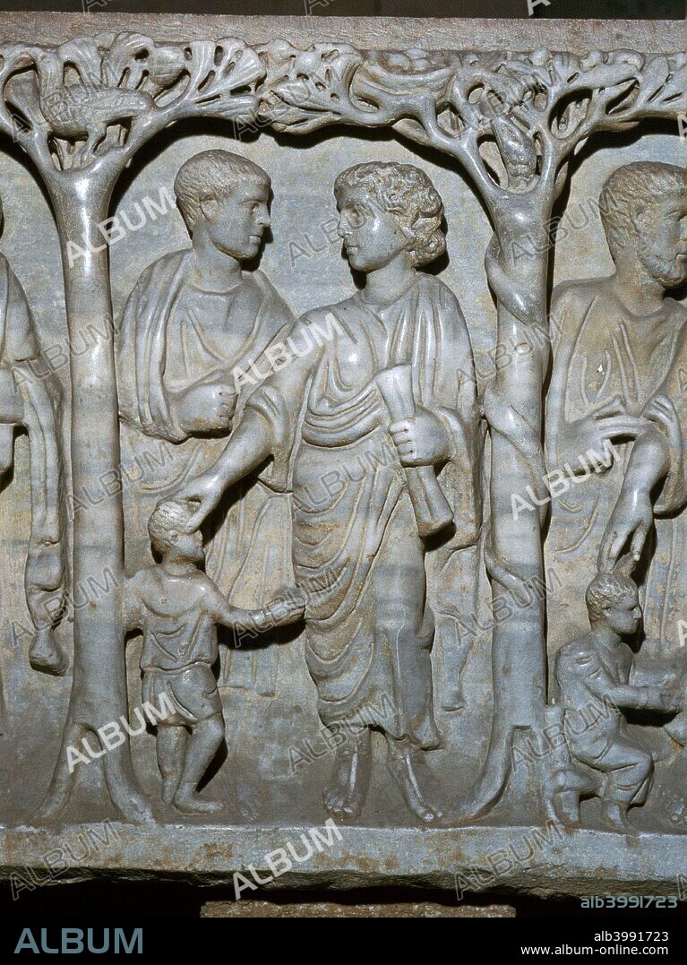 Detail of early Christian sarcophagus at Arles, France, depicting Christ healing a blind man. Now in the museum of Christian Art.