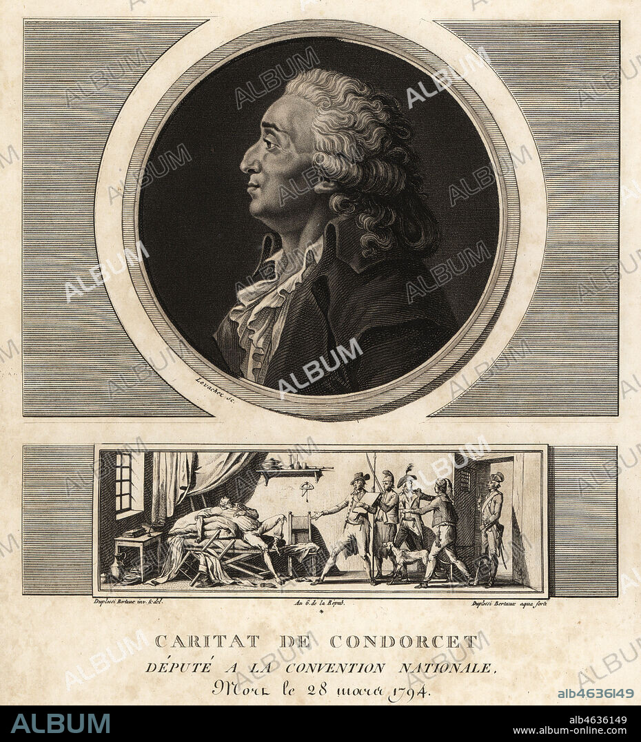 Caritat de Condorcet (1743-1794), French philosopher and mathematian. Vignette of his death in his prison cell from poison. Mezzotint drawn and engraved by Jean Duplessis-Bertaux from his Collection Complete de 60 Portraits des Personnages qui ont le plus Figure dans la Revolution Francaise, Auber, Pairs, 1800. Portrait engraved by Charles Francois Gabriel Levachez.