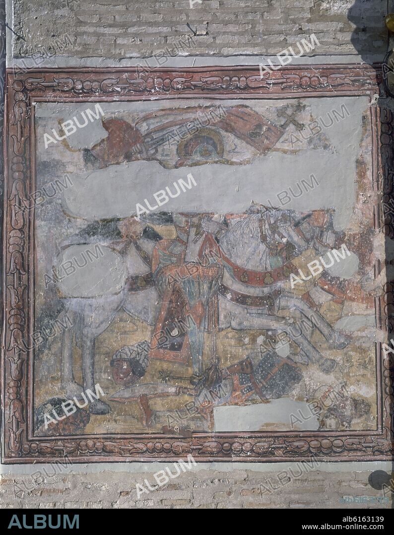 SANTIAGO APOSTOL LUCHANDO CONTRA LOS SARRACENOS EN LA BATALLA DE CLAVIJO - FRESCO DEL ALTAR MAYOR DE LA IGLESIA DE SAN JORGE - FINALES DEL SIGLO XV.