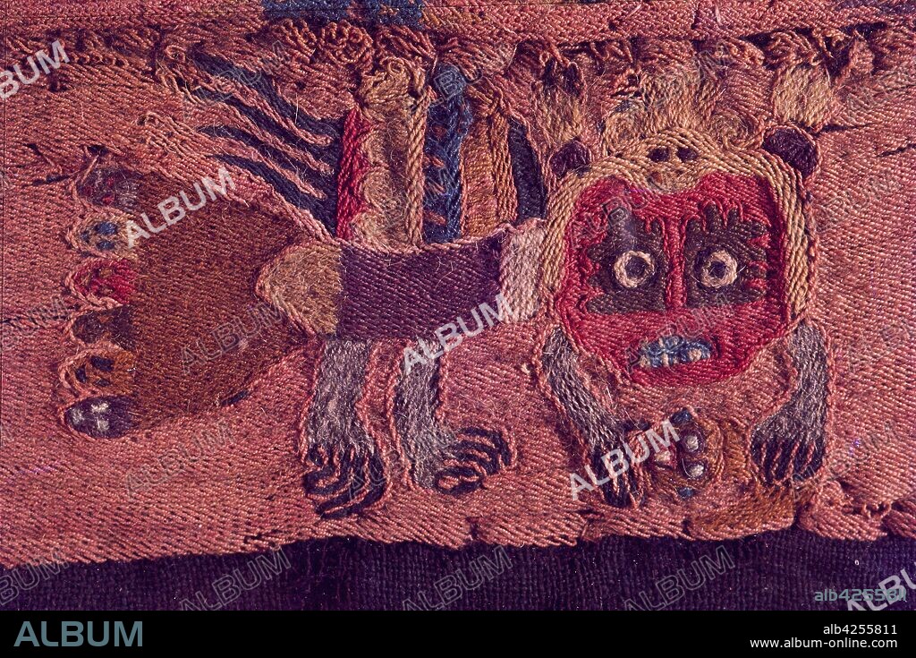 Paracas textile, cloth, depicting  zoomorphic winged monkey figure. The Paracas culture was an Andean society existing between approximately 800 BCE and 100 BCE. Investigated by Peruvian archaeologist, Julio Tello, in the 1920s.
