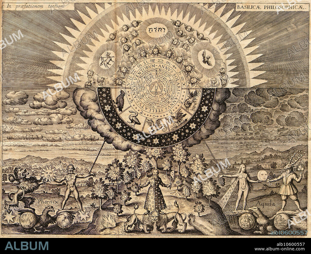 MATTHÄUS DER ÄLTERE MERIAN. Die Alchemische Weltlandschaft, aus Opus medico-chymicum von Johann Daniel Mylius.