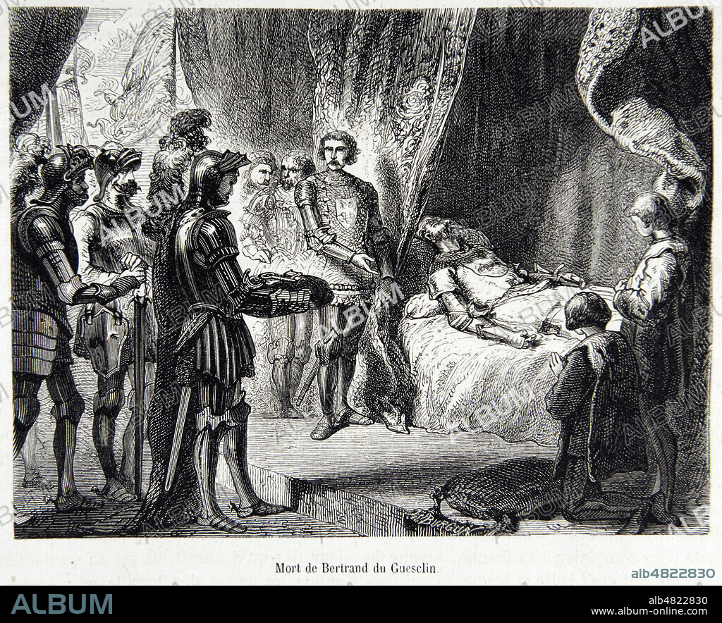 'Mort de Bertrand du Guesclin' (1320-1380), le gouverneur anglais de Chateauneuf-de-Randon vient deposer sur son corps les clefs du chateau fort (14eme, XIVe s.) Illustration pour l'Histoire de France populaire par Henri Martin (1810-1883), vers 1870. Credit : Collection Grob/KHARBINE-TAPABOR.