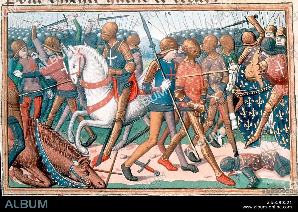 Krieg König Heinrichs V. von England gegen Frankreich / Schlacht bei Azincourt am 25. Oktober 1415. Die Schlacht bei Azincourt. Buchmalerei, französisch, um 1484. Aus "Les Vigiles de Charles VII." von Martial d'Auvergne. Ms. français 5054, fol. 11, Paris, Bibliothèque Nationale.