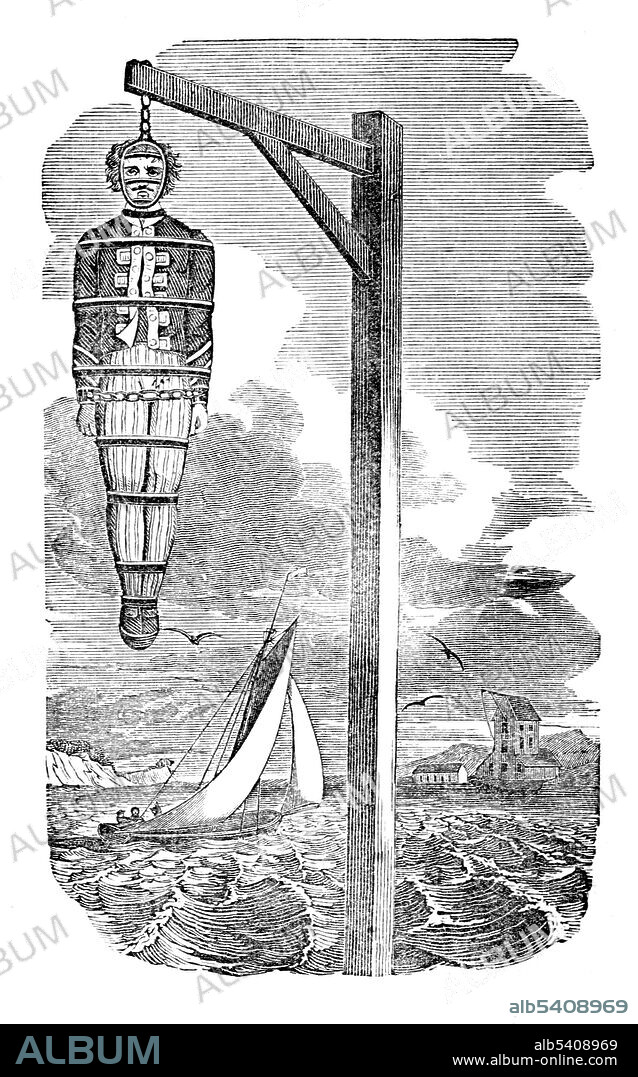 The body of William "Captain" Kidd left to rot in dockside gibbets, 1701. Gibbeting refers to the use of a gallows-type structure from which the dead or dying bodies of executed criminals were hung on public display to deter other existing or potential criminals. Kidd's body was gibbeted over the River Thames as a warning to future would-be pirates for three years.