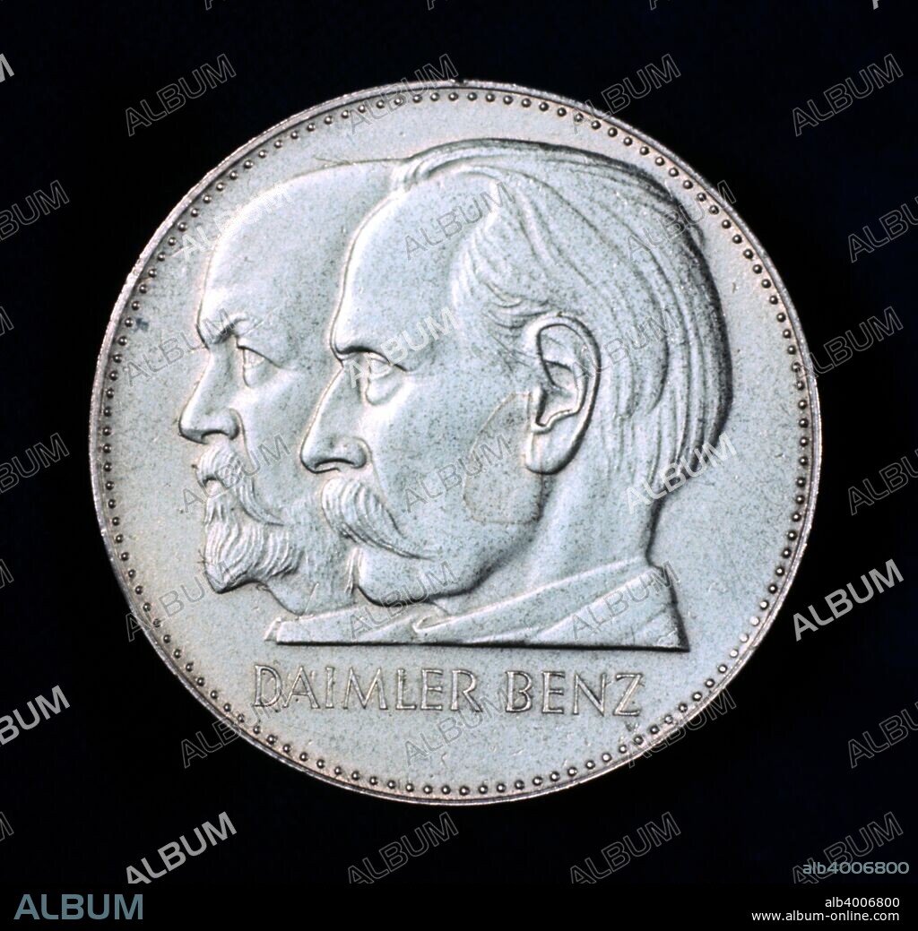 Gottlieb Daimler and Karl Benz, German motor industry pioneers, 1961. Gottlieb Wilhelm Daimler (1834-1900), left, German engineer and inventor and Karl Friedrich Benz (1844-1929), German engineer and car manufacturer, from a medal commemorating 75 years of motoring.