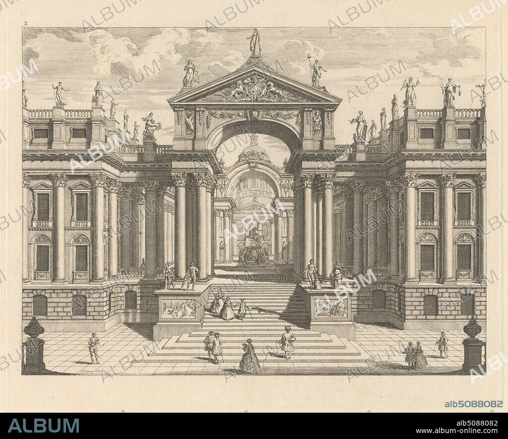 One of six perspective designs for the Concave Mirror and engraved mirrors in Vauxhall Gardens, Print made by Jacob Bonneau, 17411786, British, after Samuel Wale RA, 17211786, British, and after John Gwynn RA, 17131786, British, 1751, Etching and drypoint print on moderately thick, textured, cream laid paper, Sheet: 11 1/8 x 15 9/16 inches (28.2 x 39.5 cm), Plate: 9 13/16 x 12 5/16 inches (25 x 31.2 cm), and Image: 8 11/16 x 11 1/2 inches (22 x 29.2 cm), arches, architectural subject, children, clouds, columns, concave mirrors, designs, domes, exploring, fancy dress, friezes, gardens, leisure, men, palace, plans, railing, sculpture, stairs, statues, talking, triumphal arch, windows, women, England, Greater London, Lambeth, London, Southwark, United Kingdom, Vauxhall Gardens.