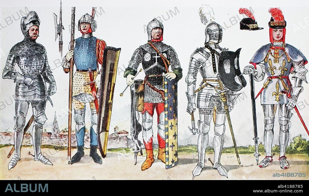 Clothing, fashion, knights costumes in France in the 15th century, from the left, a French knight in a plate armor around 1405, French footmen around 1430, a crossbowman, a French knight in a plate armor and helmet, and a gala armor from the time of King Louis XI, 1461-1483, digital improved reproduction of an original print from the 19th century.