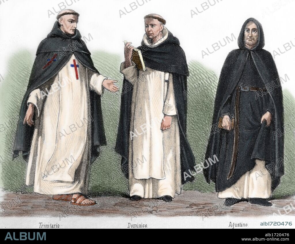 Mendicant orders in the Middle Ages. From left to right, Trinitarian friar,  Dominican and Augustinian. Nineteenth-century colored engraving.