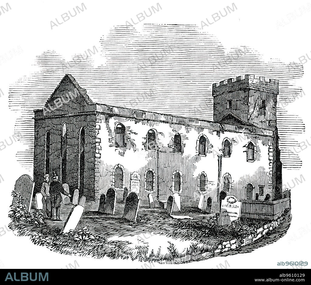 Remains of Cockermouth Church, 1850. All Saints, an 18th-century church in Cumbria, was destroyed by fire. 'There appears to be no doubt that the conflagration originated in the tower end of the venerable edifice. From the immense quantity of wood in the construction of that portion of the building, the flames spread with frightful rapidity, and burst through every window, whilst portions of the roof, as the fire advanced, fell in...the flames raged until the excellent peal of six bells, the organ, Church clock, chimes, chandeliers, galleries, pulpit, pews, paintings near the altar, marble monuments - everything, in short, but the bare walls, was destroyed; and even these are so much injured...as to preclude the possibility of their being available, save as old materials....View of the Tower and roofless walls from a Daguerreotype, taken by Mr. Joseph Martin, of Cockermouth.'. From "Illustrated London News", 1850.