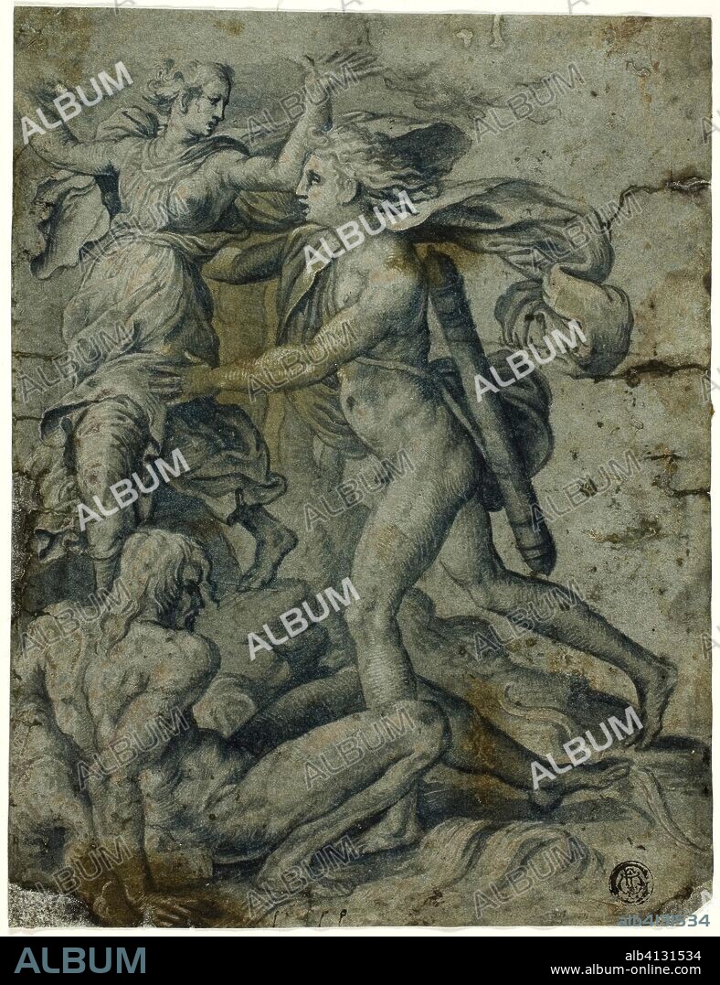 Apollo and Daphne. After Pietro Buonaccorsi, called Perino del Vaga (Italian, 1501-1547); after Giovanni Jacopo Caraglio (Italian, 1500/05-1565). Date: 1580-1599. Dimensions: 209 x 160 mm. Brush and blue wash heightened with lead white (oxidized), on blue laid paper, laid down on blue laid paper. Origin: Italy.