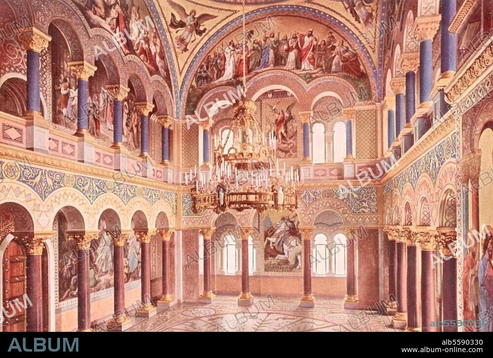 Schloß Neuschwanstein b. Füssen, Oberbayern (erb. 1869-86 unter Ludwig II. von Bayern; Arch.: E.Riedel, G.Dollmann u. J.Hofmann nach Entw. von Chr. Jank). Innenansicht: Thronsaal. Bildpostkarte (Farbdruck nach Uvachrom-Farbenphotographie), München (Martin Herpich) o. J. (um 1930?). Berlin, Sammlung Archiv für Kunst und Geschichte.