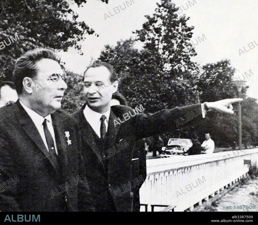 Photograph of Leonid Brezhnev (1906-1982) the General Secretary of the Central Committee of the Communist Party of the Soviet Union, with Alexander Dubcek (1921-1992) a Slovak politician and brief leader of Czechoslovakia. Dated 20th Century.