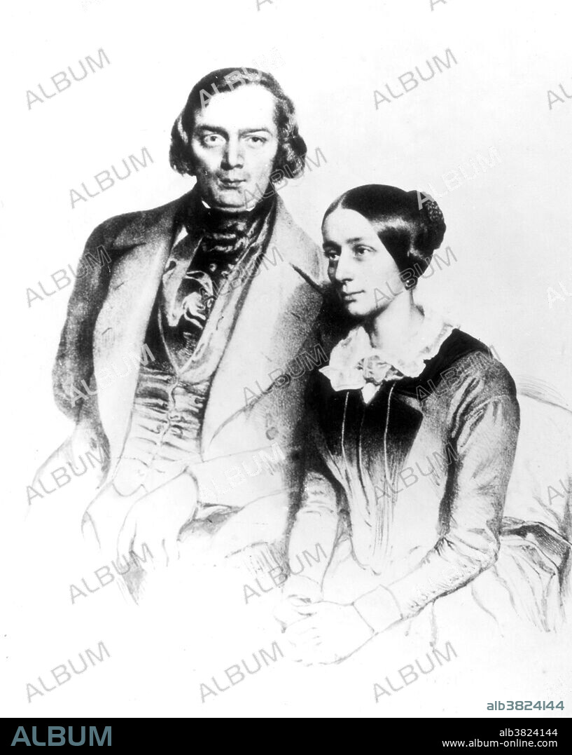 Robert Schumann (June 8, 1810 - July 29, 1856) was a German composer and music critic. He is regarded as one of the greatest composers of the Romantic era. Schumann left the study of law to return to music, intending to pursue a career as a virtuoso pianist, but a hand injury ended this dream. Schumann then focused his musical energies on composing. In 1840, against her father's wishes, Schumann married pianist Clara Wieck (September 13, 1819 - May 20, 1896), daughter of his former teacher. Clara also composed music, had a considerable concert career and was a German musician and composer, considered one of the most distinguished pianists of the Romantic era. Schumann's compositions were written exclusively for the piano until 1840; he later composed works for piano and orchestra, Lieder (German songs for voice and piano), symphonies, an opera and other orchestral, choral, and chamber works. For the last two years of his life, after an attempted suicide, Schumann was confined to a mental institution, at his own request. Diagnosed with "psychotic melancholia", he died two years later in 1856, at the age of 46, without having recovered from his mental illness. Clara, after years of touring and teaching, suffered a stroke in1896, and died at the age of 76. Print by Kaiser, 1847.