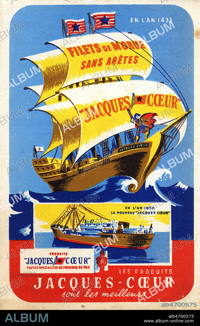 'Filets de morue sans aretes Jacques Coeur'. Carte postale publicitaire vers 1950. Credit : Collection Grob/KHARBINE-TAPABOR.