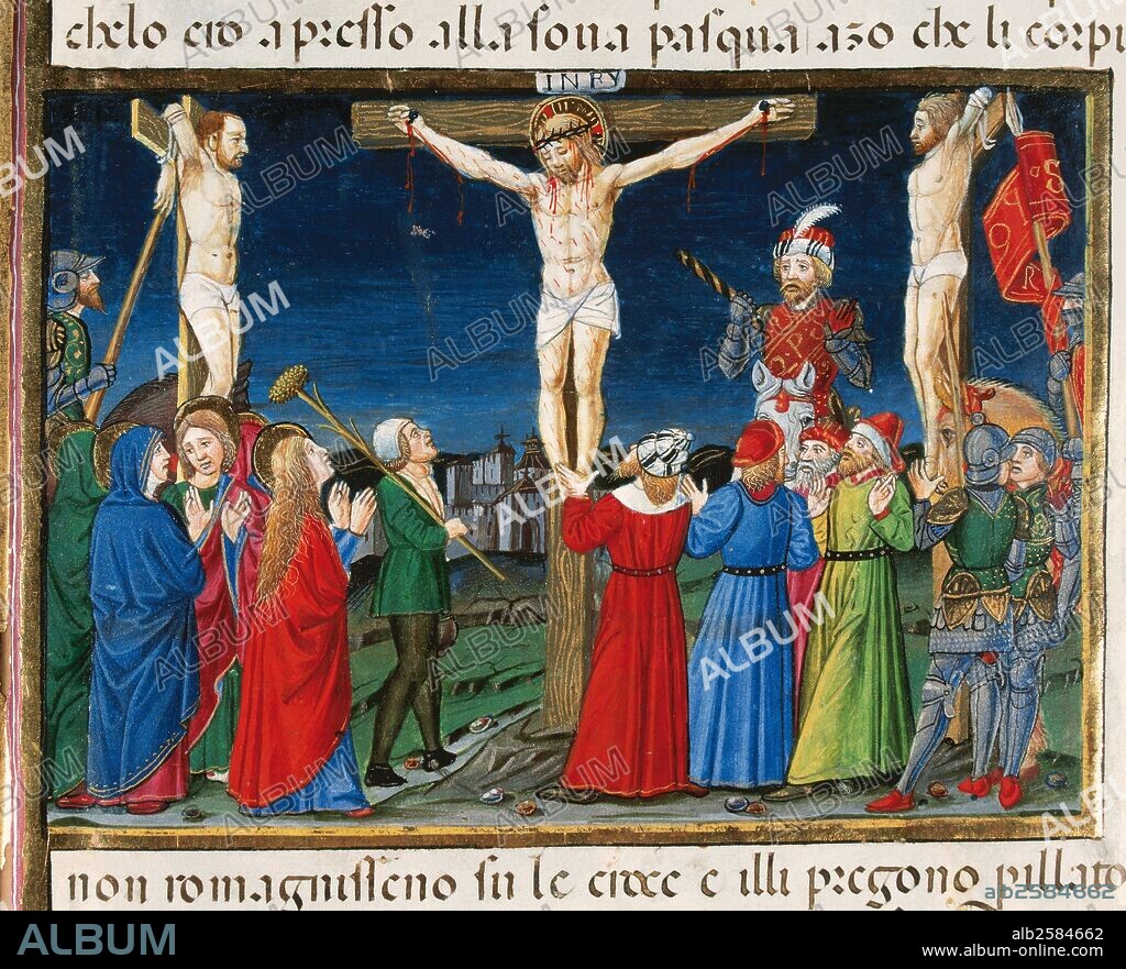 NUEVO TESTAMENTO. "DESPUES DE HABER HABLADO CON MARIA, JESUS MUERE MIENTRAS EL SOL SE ECLIPSA". Página miniada del CODICE DE PREDIS (1476). Renacimiento-Quattrocento (siglo XV). Biblioteca Real. Turín. Italia.