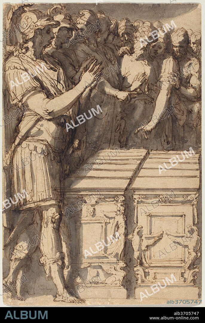 PERIN DEL VAGA. Alexander Consecrating the Altars for the Twelve Olympian Gods. Dated: 1545/1547. Dimensions: overall: 31.7 x 21 cm (12 1/2 x 8 1/4 in.). Medium: pen and brown ink with gray wash over black chalk on laid paper; laid down.