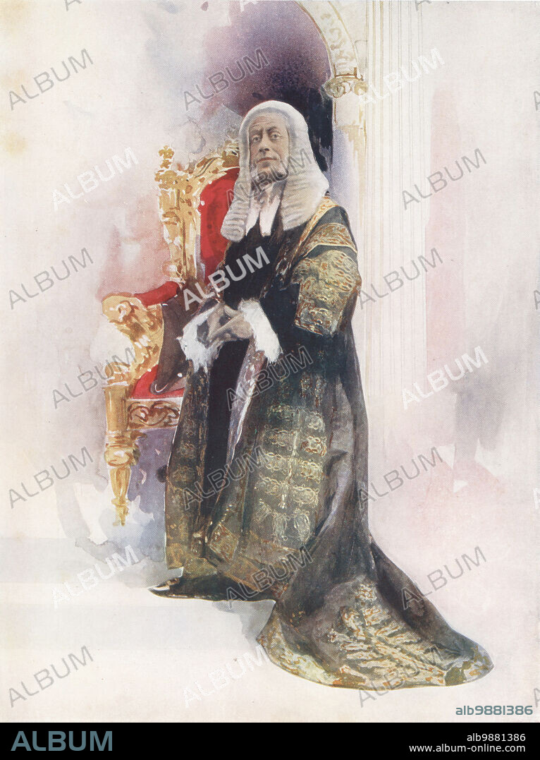Walter Passmore as the Lord Chancellor in Iolanthe, the Savoy comic opera by Gilbert and Sullivan, 1901. Passmore, English singer and actor in comic baritone roles, 1867-1946. Photograph by Alfred Ellis and Walery (Stanislaw Julian Ignacy). Colour printing of a hand-coloured illustration based on a monochrome photograph from George Newness Players of the Day, London, 1905.