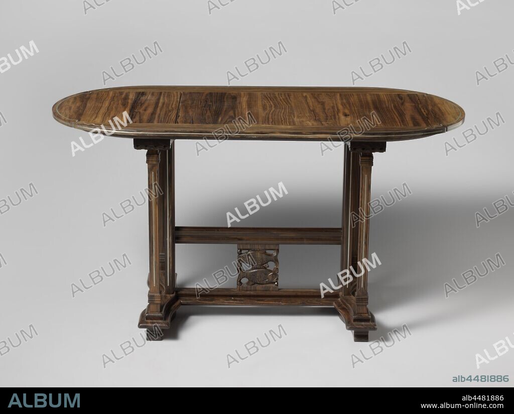 Coromandel wood table, inlaid with pewter piping, inlaid with pewter piping. The framed square colonets and the wide profiled central pillars of the frame are connected by an H-shaped profiled cross with concave, resting on a base side rails. In the middle there is an openwork ornament with two fish, closed with a line. A wave motif is placed under the lines under the oval leaf. The veins of the broad central lane and long side sections of the blade run in the opposite direction., Carel Adolph Lion Cachet, Northern Netherlands, 1920, wood (plant material), tin (metal), h 74.9 cm × w 138.5 cm × d 68.5 cm.