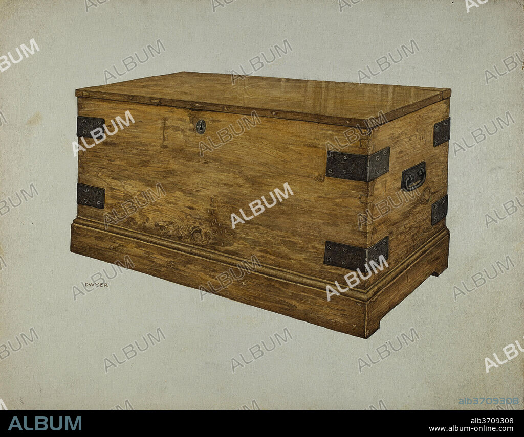 JAMES DWYER. Wooden Chest. Dated: c. 1939. Dimensions: overall: 27.9 x 35.8 cm (11 x 14 1/8 in.)  Original IAD Object: 38 x 20 x 20 inches. Medium: watercolor and colored pencil on paperboard.