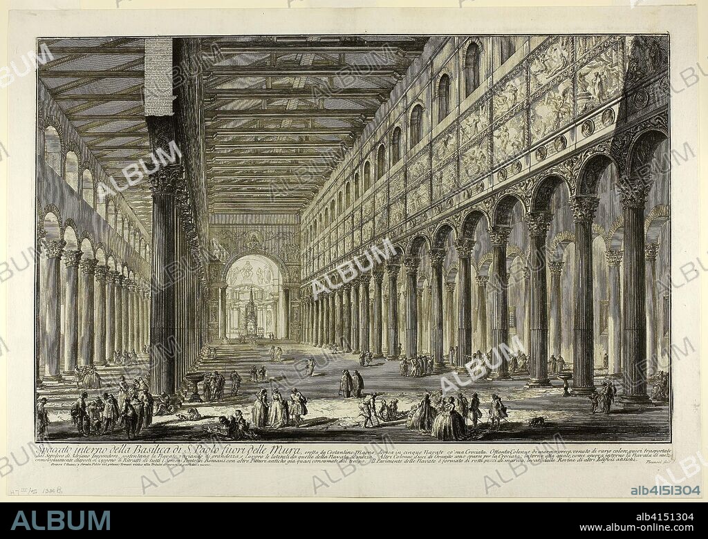 Cut-away view of the interior of the Basilica of S. Paolo fuori delle Mura [St. Paul outside the Walls], from Views of Rome. Giovanni Battista Piranesi; Italian, 1720-1778. Date: 1749. Dimensions: 392 x 609 mm (image); 415 x 613 mm (plate); 470 x 662 mm (sheet). Etching on heavy ivory laid paper. Origin: Italy.