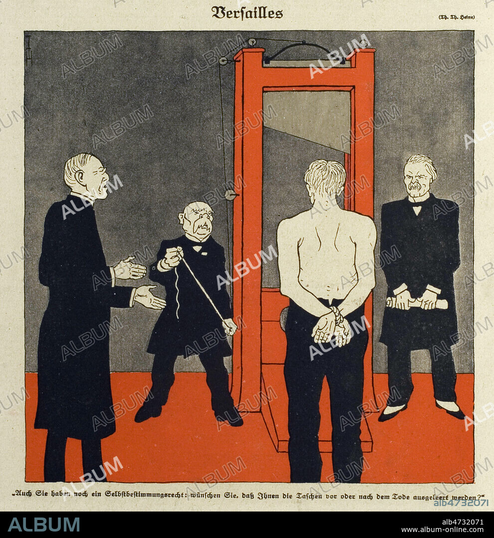L'Allemagne conduite a la guillotine 'Versailles' : l'Allemagne s'apprete a se faire guillotiner par les nations europeennes, en tete desquelles la France et l'Allemagne : a gche W. WILSON, ensuite G CLEMENCEAU tenant la guillotine, a drte LLOYD GEORGE. Illustration de HEINE (1867-1948) pour Simplicissimus du 3 juin 1919. Credit Coll. Dixmier/KHARBINE-TAPABOR.