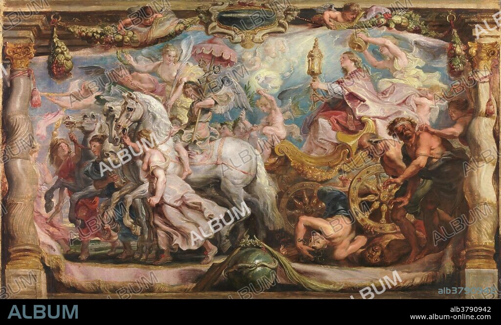 PETER PAUL RUBENS. Pedro Pablo Rubens / 'El triunfo de la Iglesia'. Hacia 1625. Óleo sobre tabla, 63,5 x 105 cm.