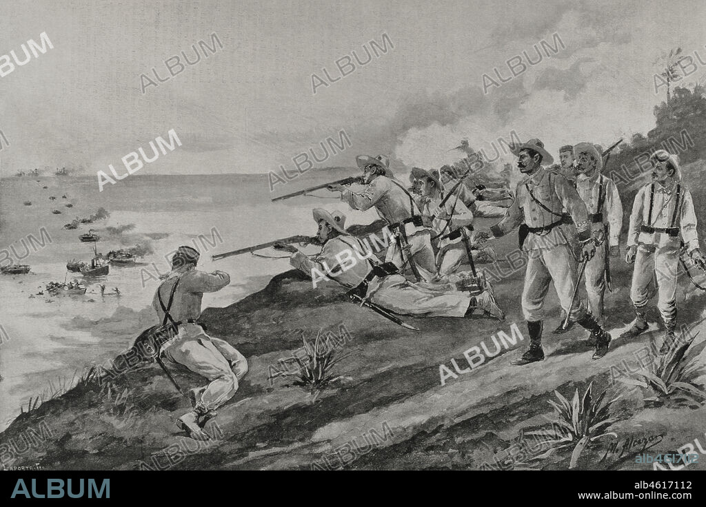 Guerra hispano-estadounidense. Conflicto bélico entre España y Estados Unidos en 1898, resultado de la intervención norteamericana en la guerra de independencia cubana. Soldados españoles rechazando el desembarco de las tropas norteamericanas en la costa de Cienfuegos (Cuba). Dibujo de M. Alcázar. Fotograbado por Laporta. La Ilustración Española y Americana, 22 de mayo de 1898.