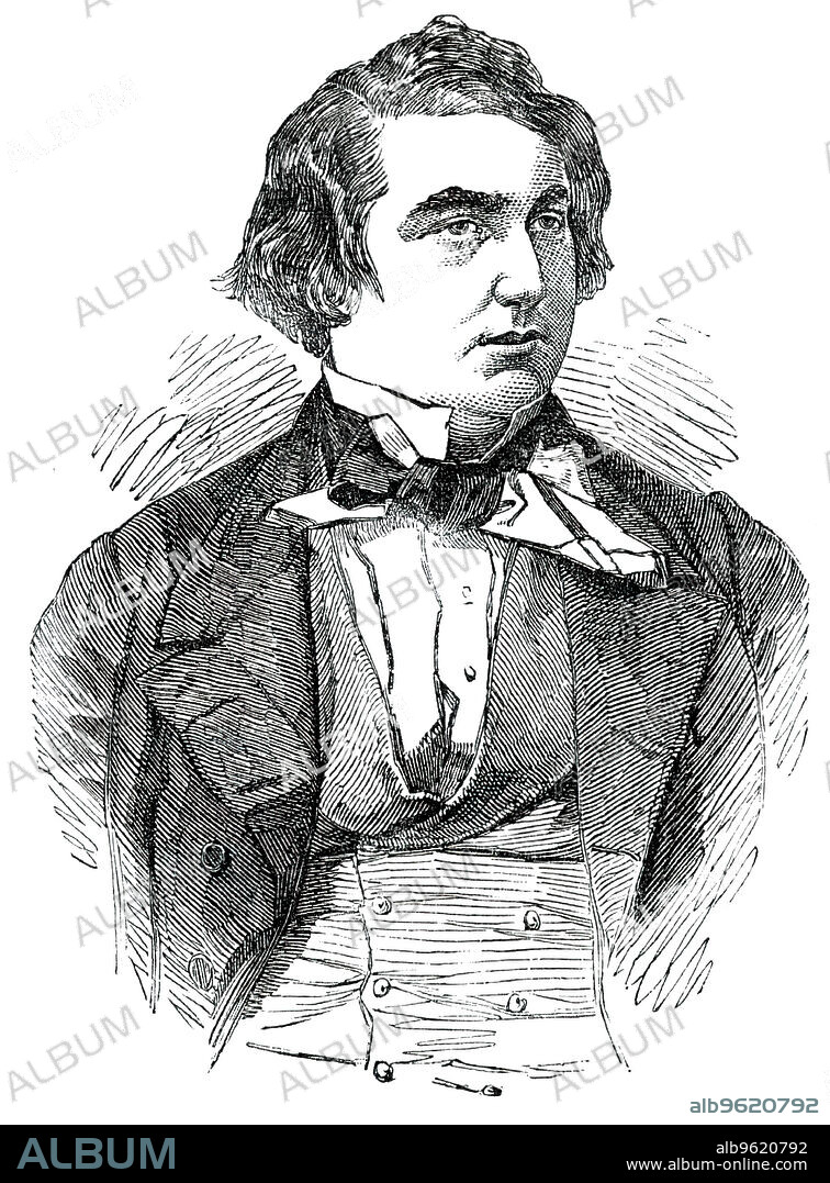 Lord Naas, M.P. for Kildare, 1850. Portrait from a photograph by Kilburn of Irish politician Richard Southwell Bourke. 'At the general election in 1847, in conjunction with the Marquis of Kildare, he contested the county [Kildare], on Protectionist and Conservative principles, against John Augustus O'Neil, and was returned, after a severe contest...At the subsequent general election, the tables were so completely turned against him, that his carriage, under the supposition of his being in it, was thrown over one of the bridges. He, however, escaped, and by 1847 having changed both his religious and political faith, appeared as a Radical, Repeal, and Roman Catholic candidate for Kildare'. From "Illustrated London News", 1850.