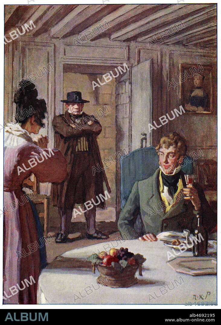 L'arrivee de Grandet pendant le repas de Charles. Illustration de 1921 par Rene Xavier PRINET (1861-1946) pour Eugenie Grandet d'Honore de BALZAC (1799-1850). Credit : Collection Jonas/Kharbine-Tapabor.
