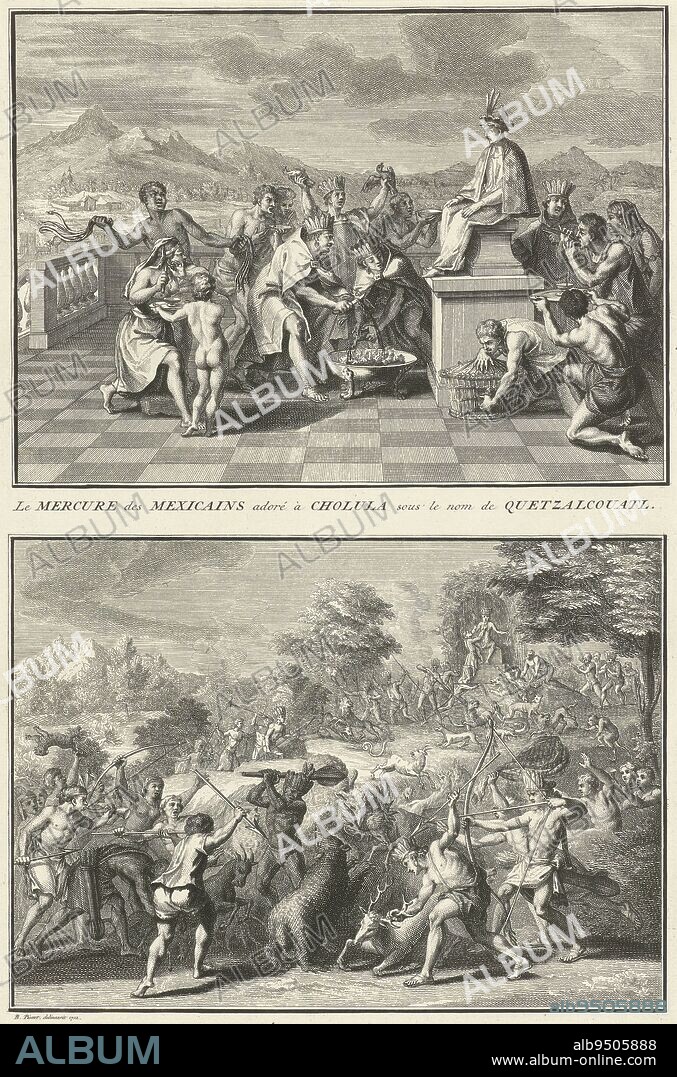 Representations of Mexican sacrificial feasts, Bernard Picart (workshop of), after Bernard Picart, 1722, Sheet with two representations of Mexican sacrificial feasts. Top: Mexicans sacrifice birds at an idol of Quetzalcoatl, the god of wind, wisdom and life. Below: The idol of a god of hunting stands on a mountain and is surrounded by fires. The Mexicans shoot the animals that approach the statue. Below the representations a caption in French., print maker: Bernard Picart, (workshop of), intermediary draughtsman: Bernard Picart, (mentioned on object), Amsterdam, 1722, paper, etching, engraving, h 333 mm × w 220 mm.