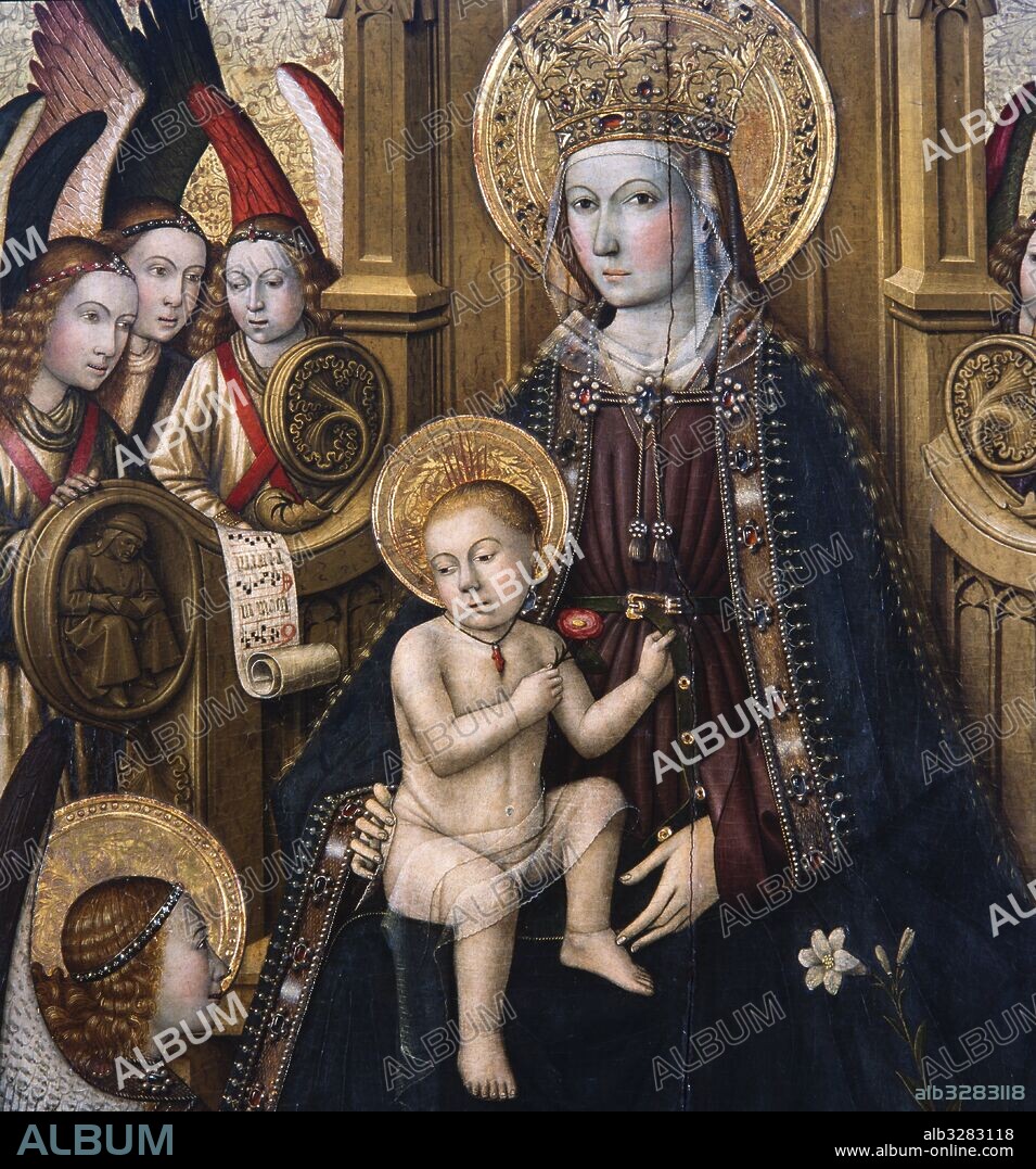 JAUME HUGUET. Tabla central de un retablo dedicado a la Virgen, hacia  1450. Detalle Virgen con niño.Temple, relieves de estuco y dorado con pan de oro sobre tabla.  213,3 x 160,4 x 12,5 cm. Procede de la antigua iglesia parroquial de Vallmoll (Alt Camp). Museu Nacional d'Art de Catalunya, Barcelona.