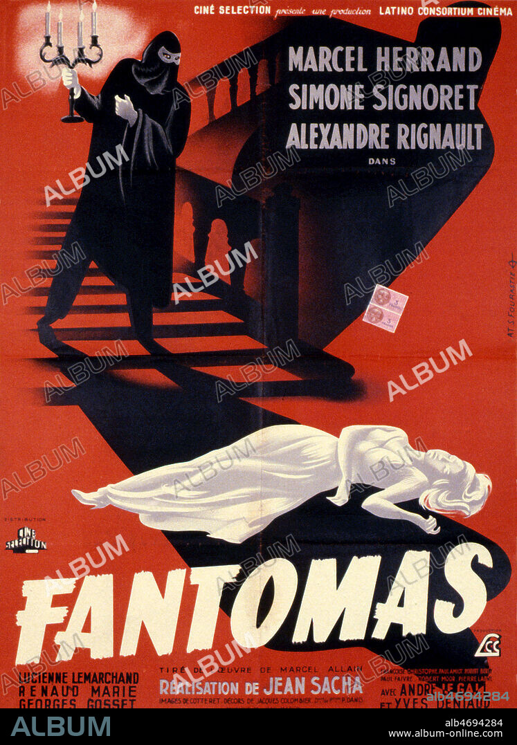 Affiche du film 'Fantomas' realise en 1946 par Jean SACHA (1912-1989) d'apres Marcel ALLAIN (1885-1969) avec Marcel HERRAND (1897-1953) Alexandre RIGNAUD (1901-1986) et Simone SIGNORET (1921-1985). Illustration de S. FOURASTIE. Credit : Coll. Perron/KHARBINE-TAPABOR.
