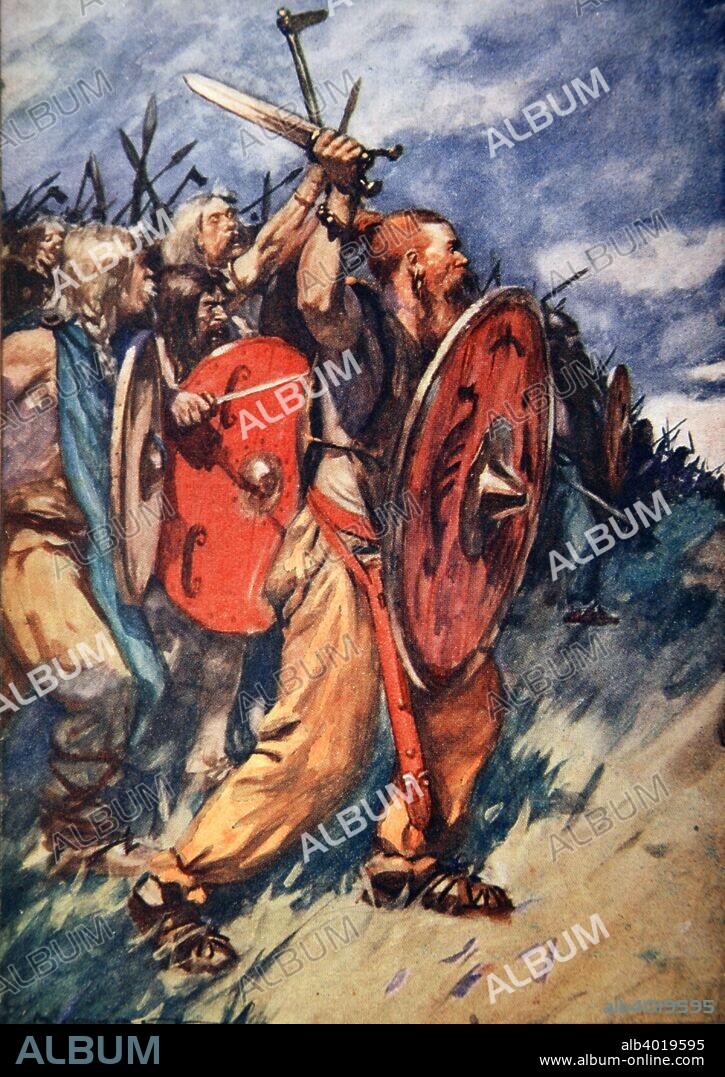 Battle of the Teutoburg Forest, Germany, 9 AD (1913). On and on they came, hungering for battle. The defeat of the Roman legions under Publius Quinctilius Varus (46 BC- 9 AD) by the Germanic tribes led by Arminius (c18 BC-21 AD). Three whole legions were destroyed and Varus was killed in the battle. From A History of Germany by HE Marshall.