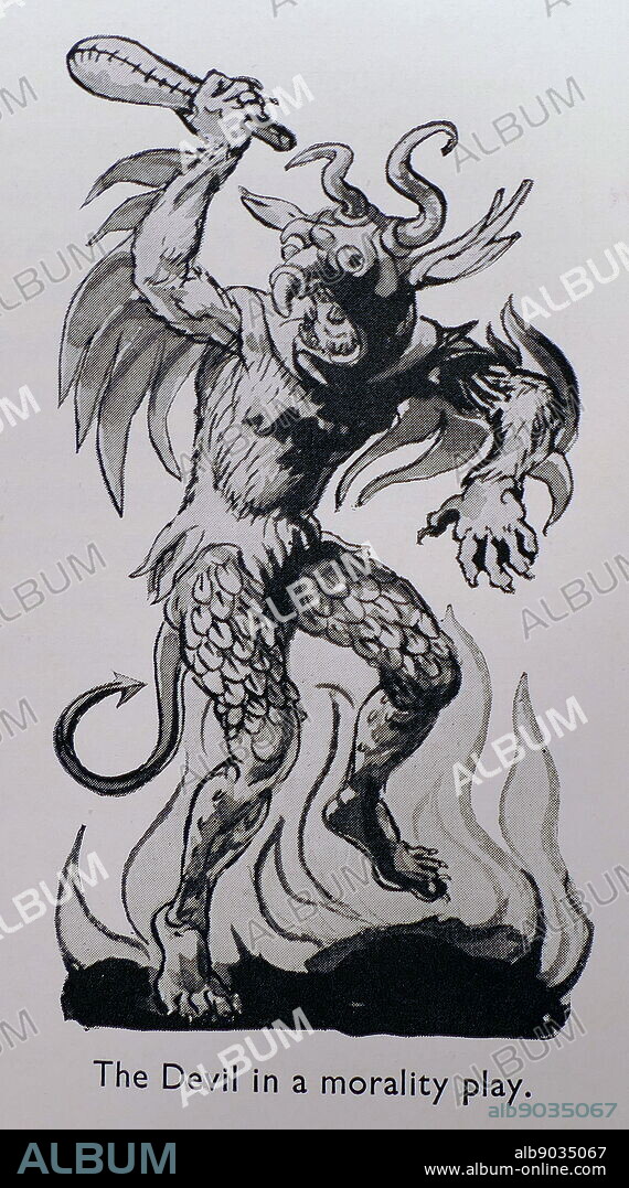 Devil depicted in a morality play; a genre of medieval and early Tudor drama. The term is used by scholars of literary and dramatic history to refer to a genre of play texts from the 14th through 16th centuries that feature personified concepts (most often virtues and vices, but sometimes practices or habits) alongside angels and demons.