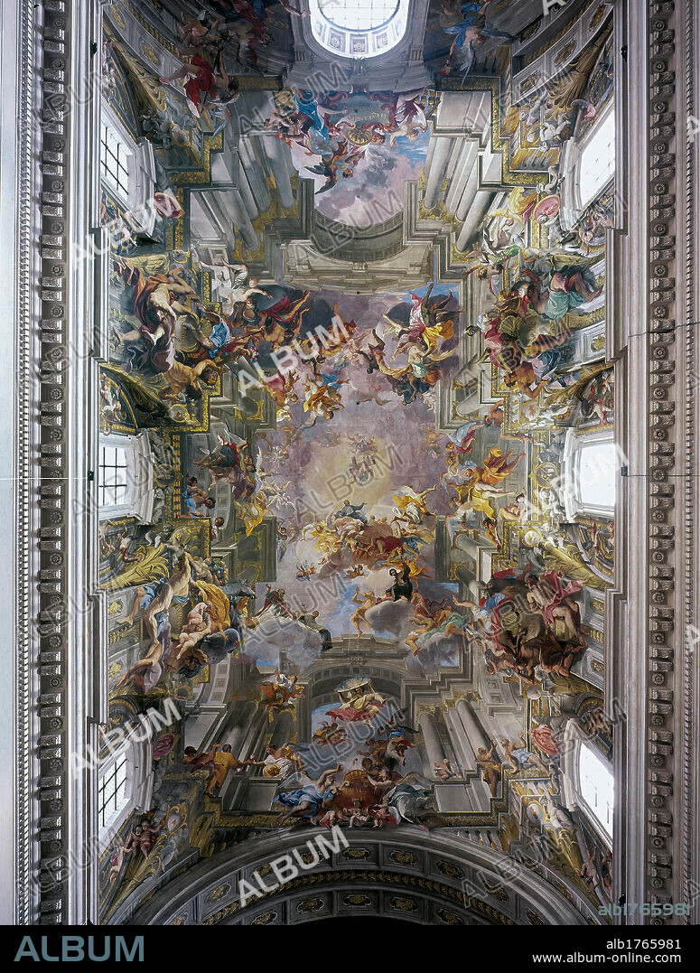 Glory of St Ignatius, by Andrea Pozzo, 1691-1694, 17th Century, fresco,. Italy, Lazio, Rome, SantIgnazio Church. All. Rejoicing of saints, clothes, colors. Mock architecture trompe loeil perspective sky.