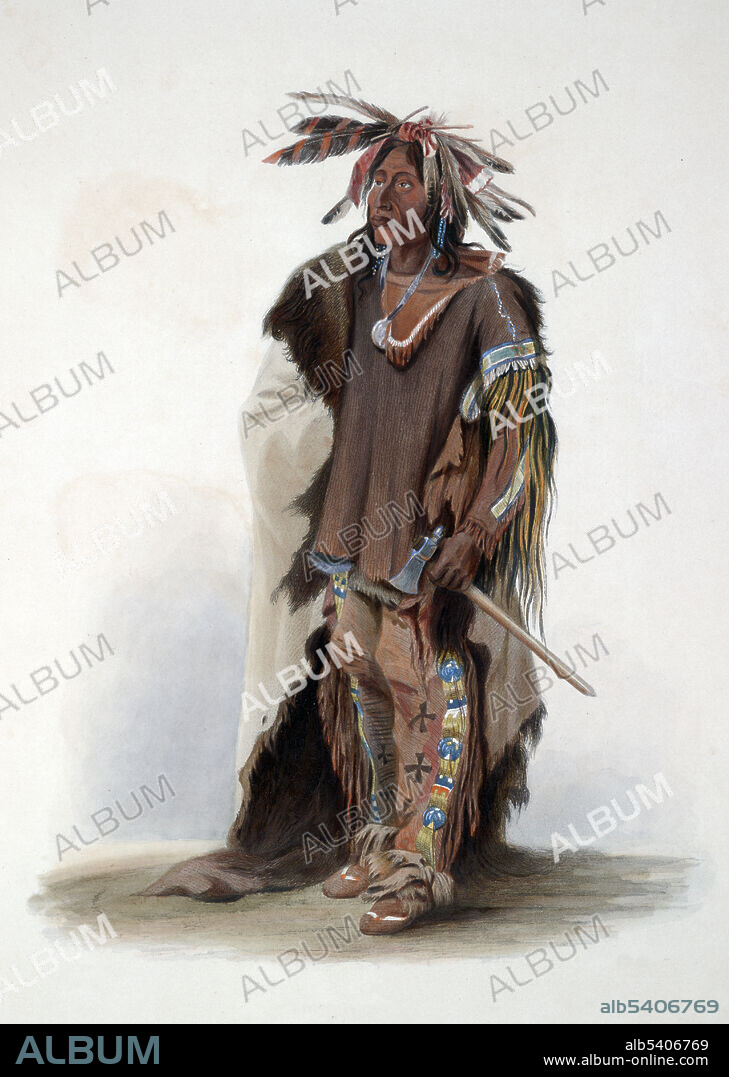 Wahk-ta-ge-li, a Sioux warrior. The Sioux are groups of Native American tribes and First Nations peoples in North America. The term can refer to any ethnic group within the Great Sioux Nation or to any of the nation's many language dialects. The Sioux comprise three major divisions based on language divisions: the Dakota, Lakota and Nakota. Voyage dans l'interieur de l'Amerique du Nord, execute pendant les annees 1832-34. Karl Bodmer (February 11, 1809, October 30, 1893) was a Swiss printmaker, lithographer, painter, illustrator and hunter. He accompanied the German explorer Prince Maximilian zu Wied-Neuwied on his Missouri River expedition. Bodmer was hired as an artist to record images of cities, rivers, towns and peoples they saw along the way, including the many tribes of Native Americans along the Missouri River and in that region.