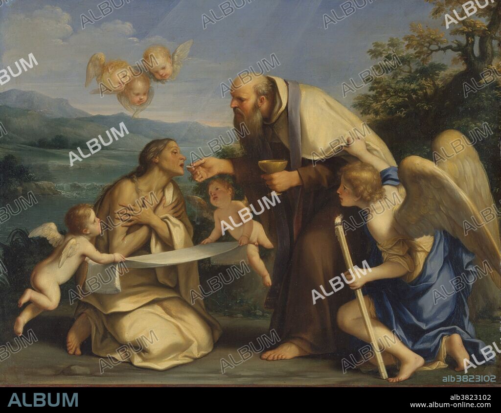 The Last Communion of Saint Mary of Egypt by Marcantonio Franceschini, oil on copper, 1680. A 5th century ascetic, Mary of Egypt is shown receiving her Last Communion from the hands of the priest Zosimus, following 47 years of isolation in the wilderness of Palestine. The picture has a pendant showing the ecstasy of Saint Mary Magdalene (Molinari Pradelli collection, Bologna). It was given in 1709 to Pope Clement XI as a gift of the Senate of Bologna in anticipation of his support for the founding of an art academy in the city. Franceschini's art strove for clarity of expression and an idealized humanity consonant with the religious and mythological stories that he depicted.