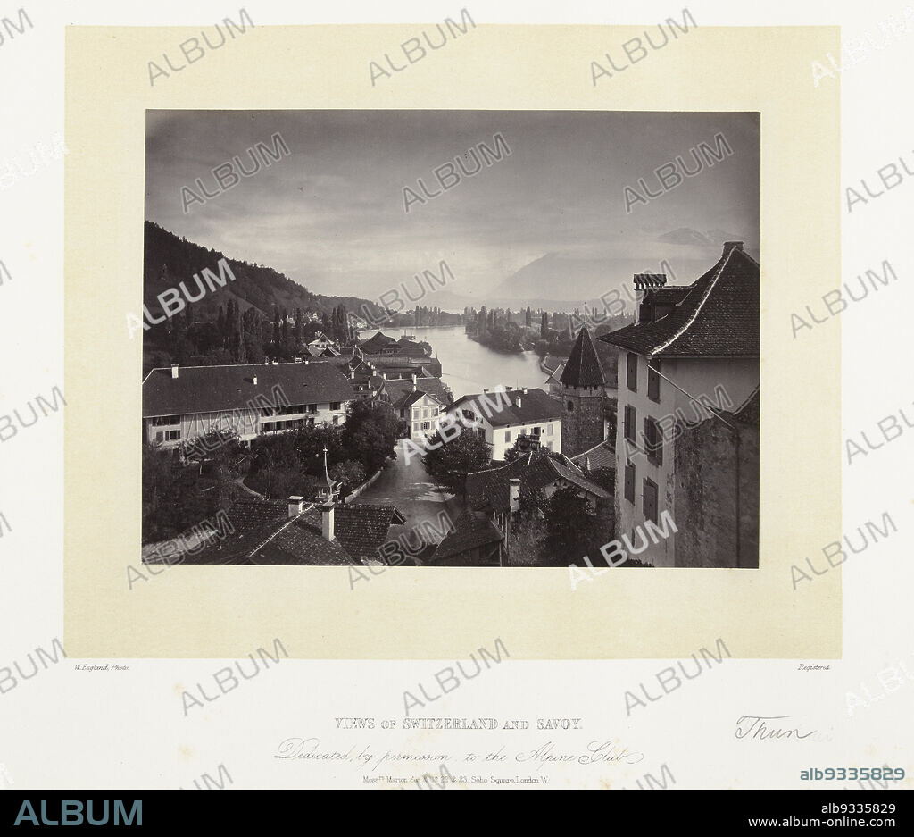 View of the Aare in Thun, Thun (title on object), Views of Switzerland and Savoy (series title on object), William England (mentioned on object), publisher: A. Marion Son & Co. (mentioned on object), Thun, publisher: London, 1863 - 1865, paper, cardboard, albumen print, height 159 mm × width 211 mmheight 312 mm × width 403 mm.