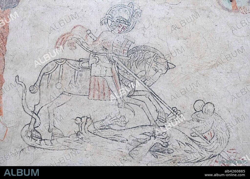 St. George with the Dragon, medieval mural painting, church of Hejdeby, diocese of Visby, island of Gotland, Sweden, Europe.