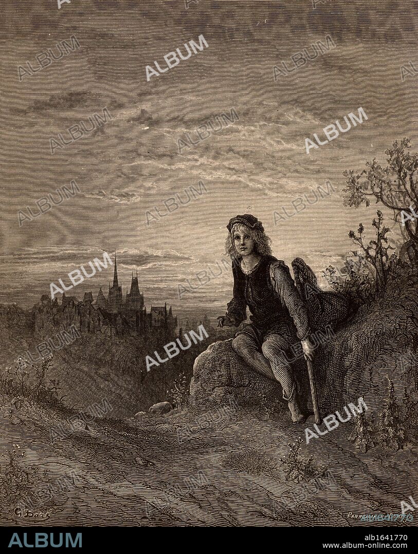 Richard (Dick) Whittington (c1358-1423) English merchant and philanthropist who was three times Lord Mayor of London, England. Dick as a boy at Highgate, hearing the bells of the city saying "Turn again Whittington, Lord Mayor of London". Illustration by Gustave Dore (1821-1883). Wood engraving. (Photo by: Universal History Archive/UIG via Getty Images).