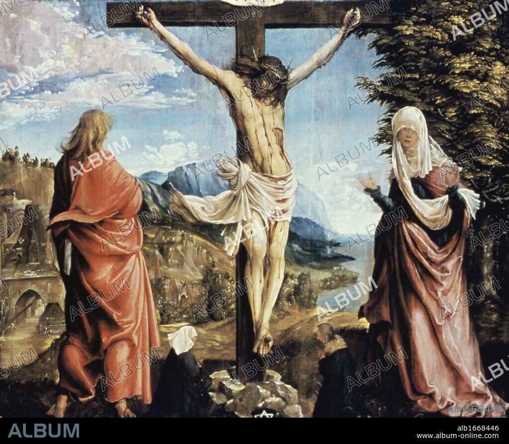 Christ on the Cross with John and Mary  Albrecht Altdorfer (ca.1480-1538/German)  Oil on Canvas  Staaliche Kunstsammlung, Kassel, Germany.
